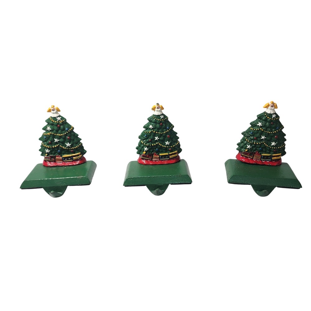 Vintage 1997 Cast Iron Christmas Tree Stocking Holders Angel Set of 3 Green